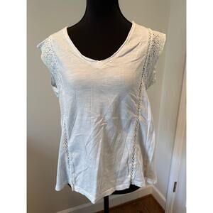 Sundance White 100% Cotton V-Neck Shirt with Eyelet Crochet Detail